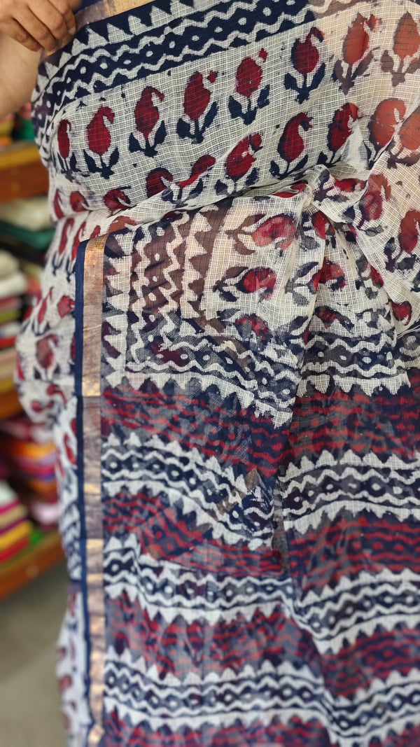 Off White and Indigo Kota Doria Saree - SQ39