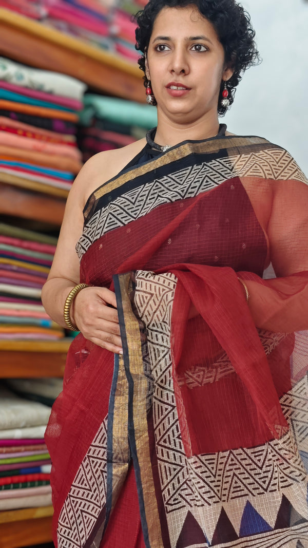 Dark Maroon and Black Kota Doria Saree - SQ39