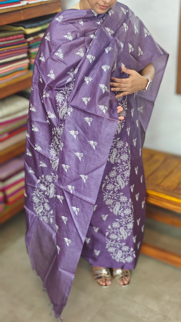 Deep Violet Embroidered Tussar Silk Suit - 91SA