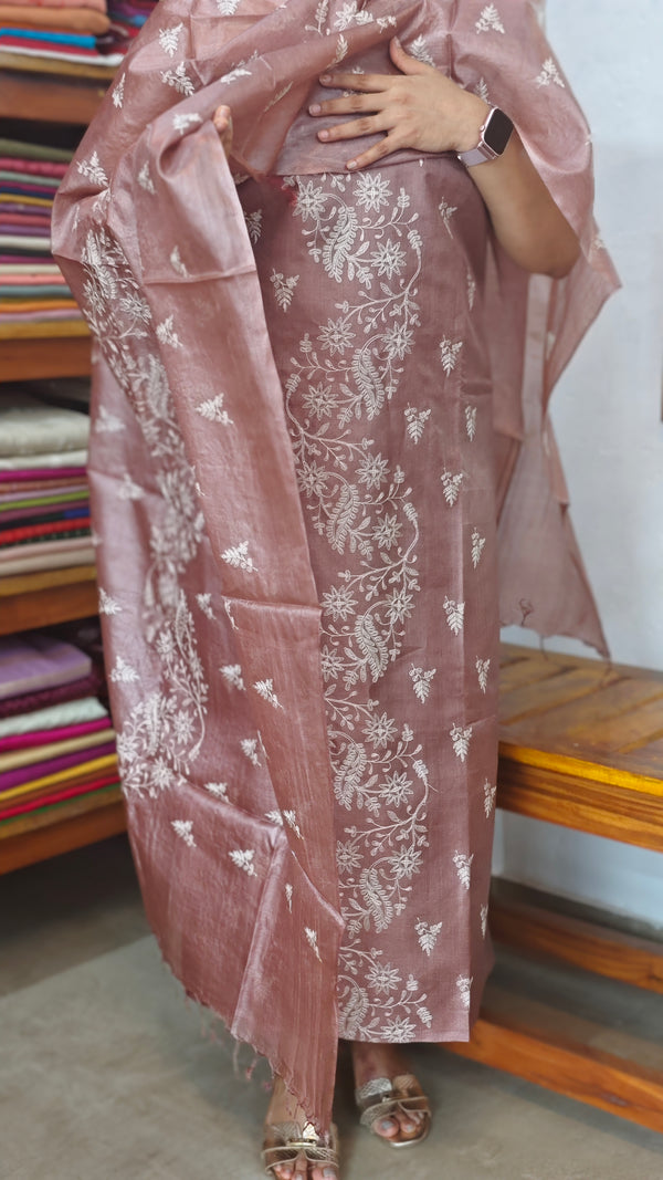 Chocolate Mauve Embroidered Tussar Silk Suit - 91SA