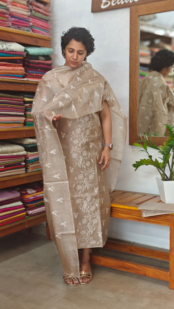 Taupe Embroidered Tussar Silk Suit - 91SA