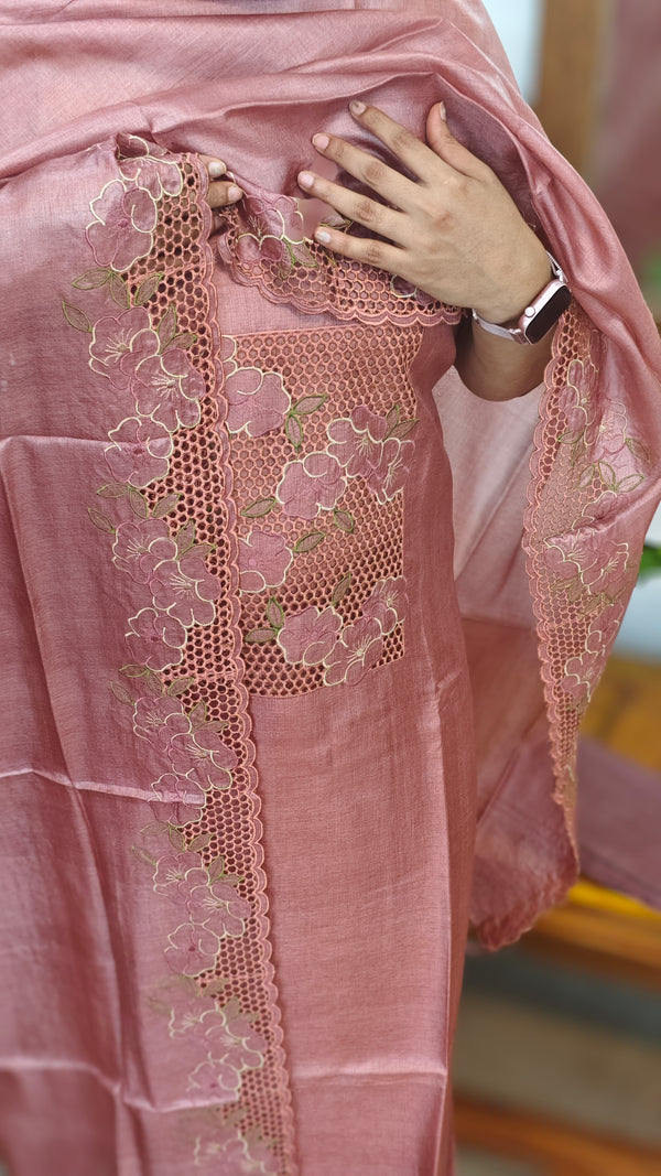 Burnt Mauve Cutwork Tussar Silk Suit