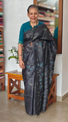 Black Pure Tussar Silk Saree with Cross Stitch Embroidery - 290V