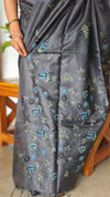 Black Pure Tussar Silk Saree with Cross Stitch Embroidery - 290V