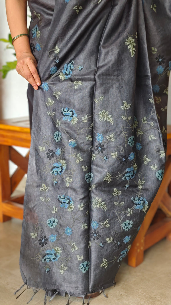 Black Pure Tussar Silk Saree with Cross Stitch Embroidery - 290V