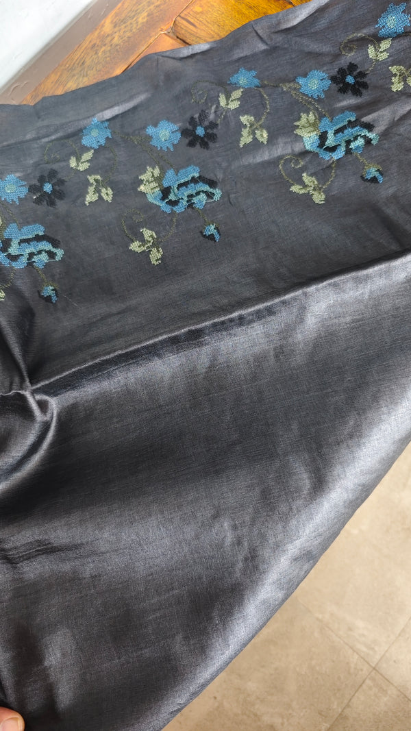 Black Pure Tussar Silk Saree with Cross Stitch Embroidery - 290V