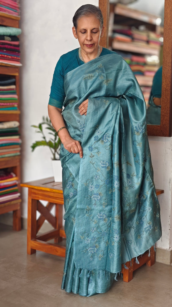 Turquoise Pure Tussar Silk Saree with Cross Stitch Embroidery Saree - 290V