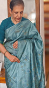 Turquoise Pure Tussar Silk Saree with Cross Stitch Embroidery Saree - 290V