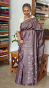 Deep Mauve Pure Tussar Silk Saree with Cross Stitch Embroidery - 290V