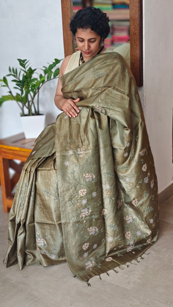 Olive Green Pure Tussar Silk Saree with Cross Stitch Embroidery - 290V