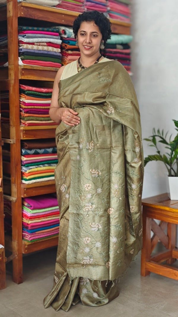 Olive Green Pure Tussar Silk Saree with Cross Stitch Embroidery - 290V