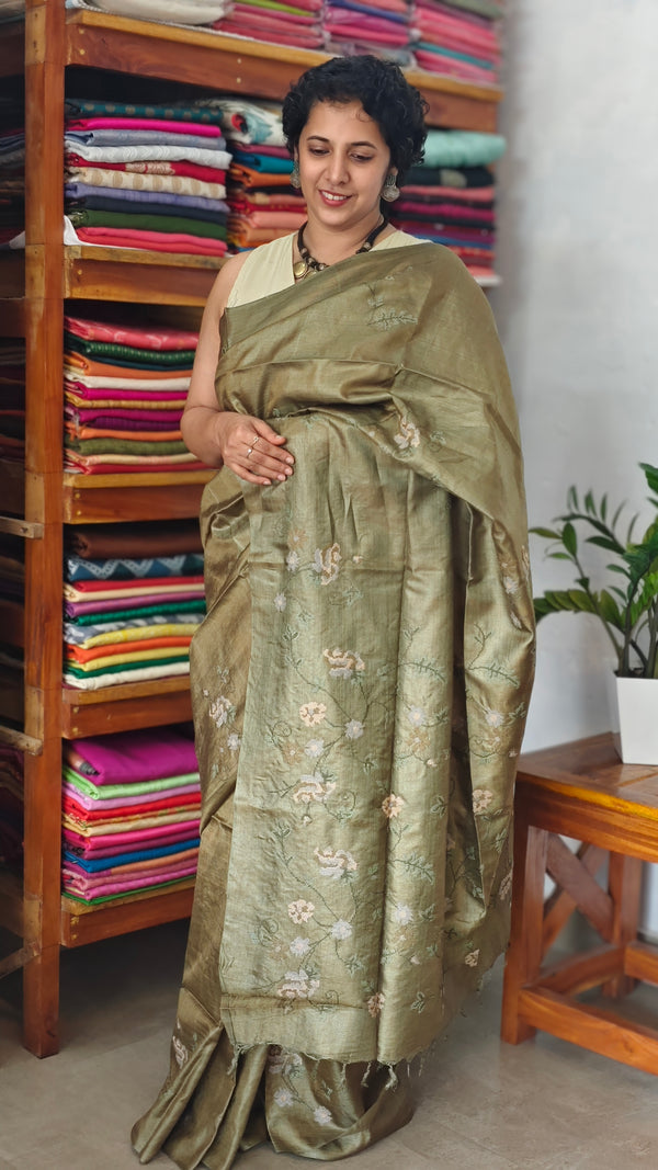 Olive Green Pure Tussar Silk Saree with Cross Stitch Embroidery - 290V