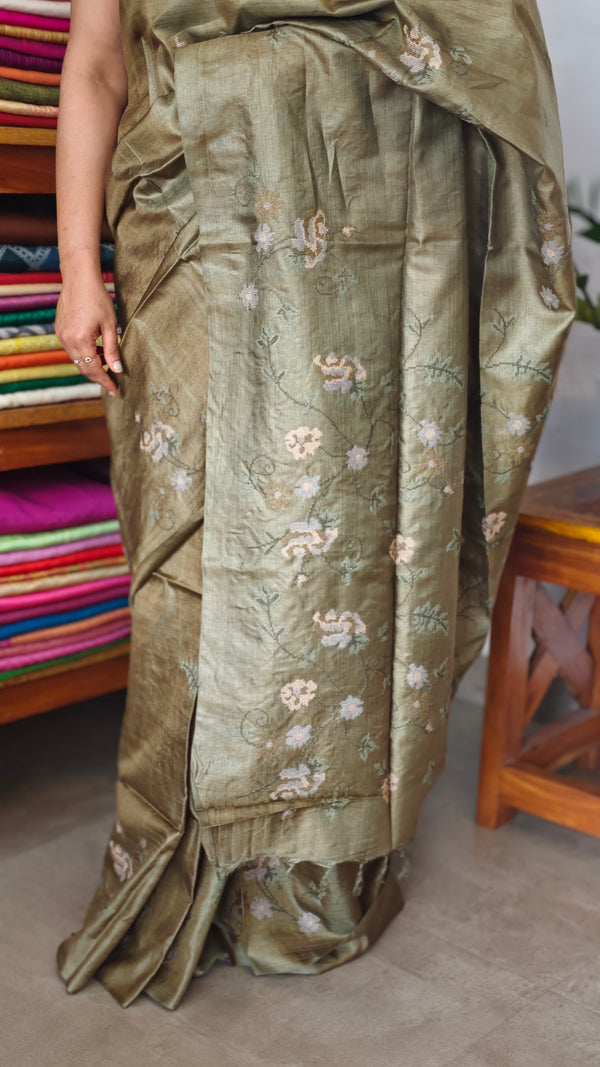 Olive Green Pure Tussar Silk Saree with Cross Stitch Embroidery - 290V