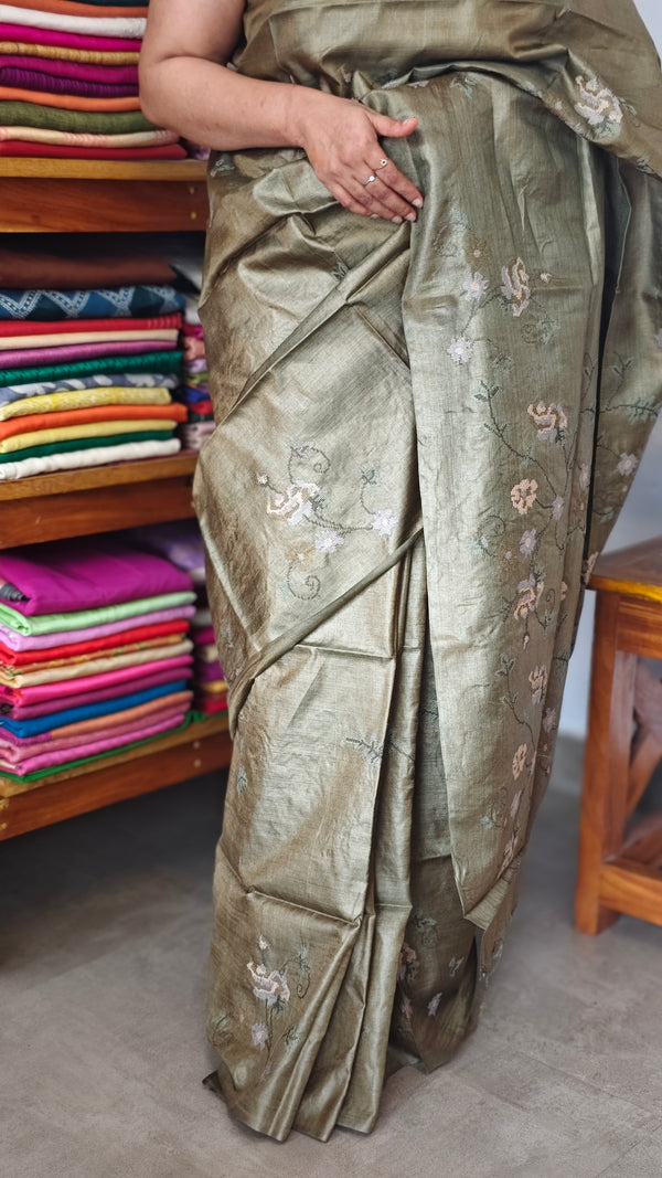Olive Green Pure Tussar Silk Saree with Cross Stitch Embroidery - 290V