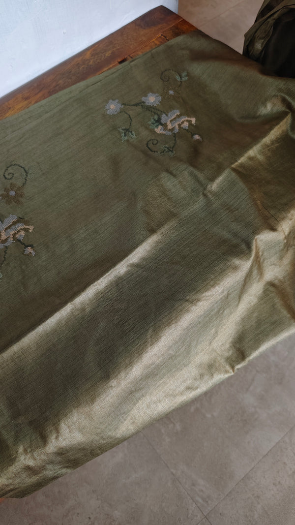 Olive Green Pure Tussar Silk Saree with Cross Stitch Embroidery - 290V