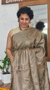 Taupe Pure Tussar Silk Saree with Cross Stitch Embroidery - 290V