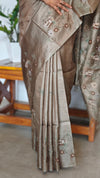 Taupe Pure Tussar Silk Saree with Cross Stitch Embroidery - 290V
