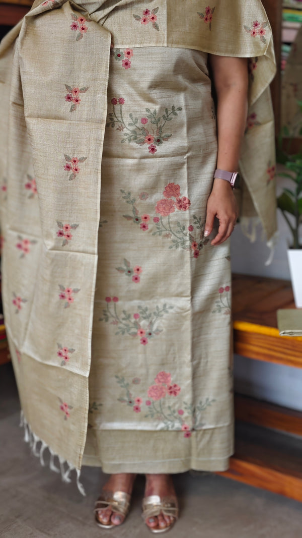Sandy Beige Semi Tussar Suit with Cross Stitch Embroidery - MTV6 - 2Q6