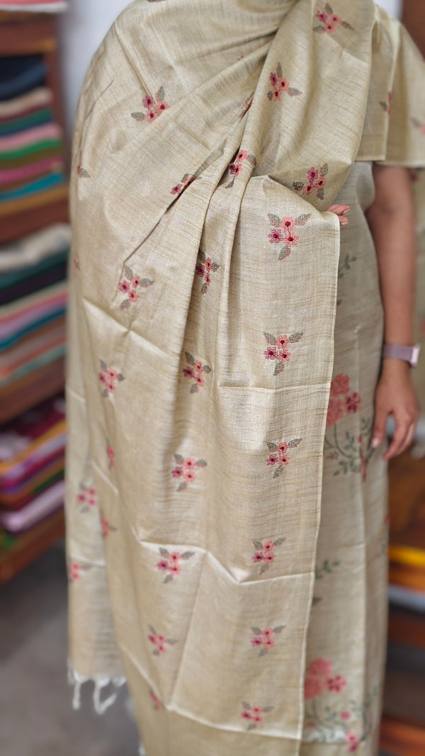 Sandy Beige Semi Tussar Suit with Cross Stitch Embroidery - MTV6 - 2Q6