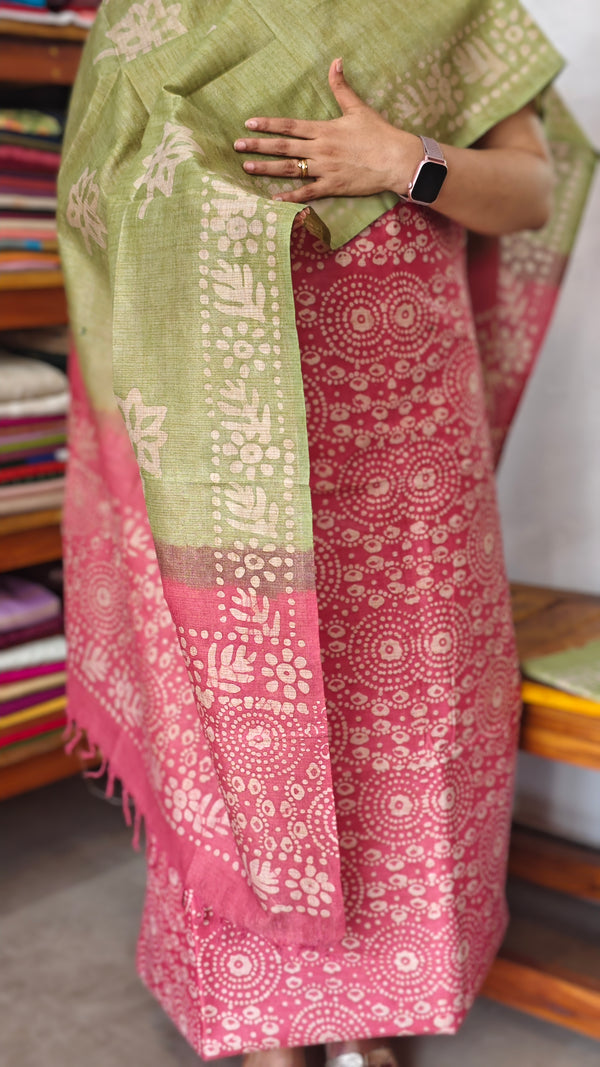 Pink and Olive Green Batik Printed Suit