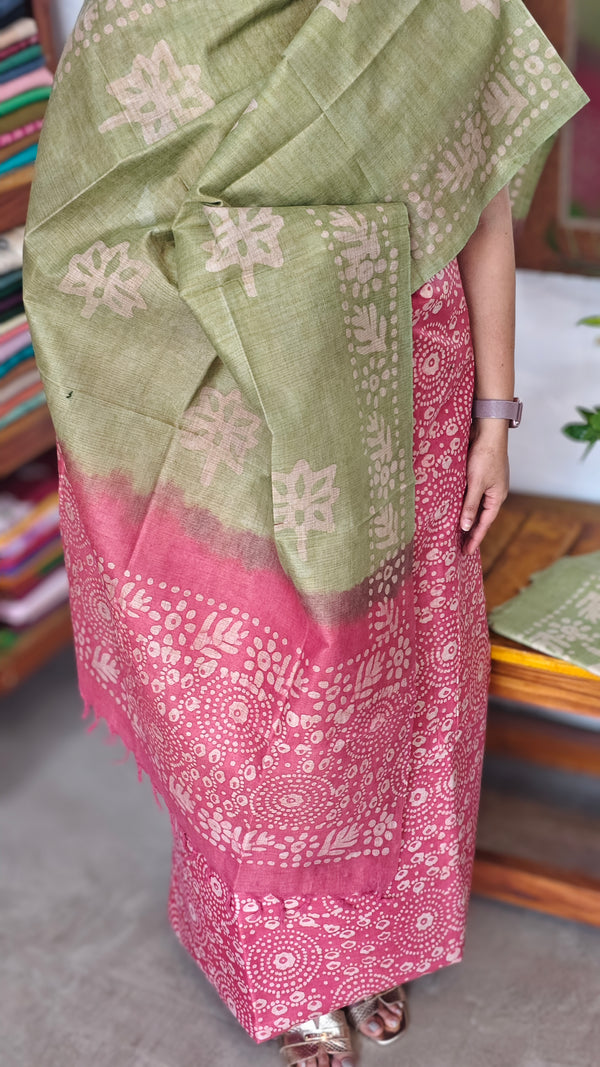 Pink and Olive Green Batik Printed Suit