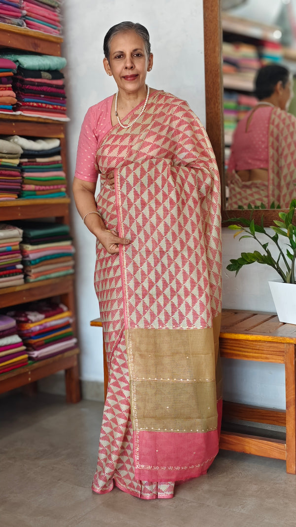 Beige and Pink Kota Saree with Pita Work - EMR4