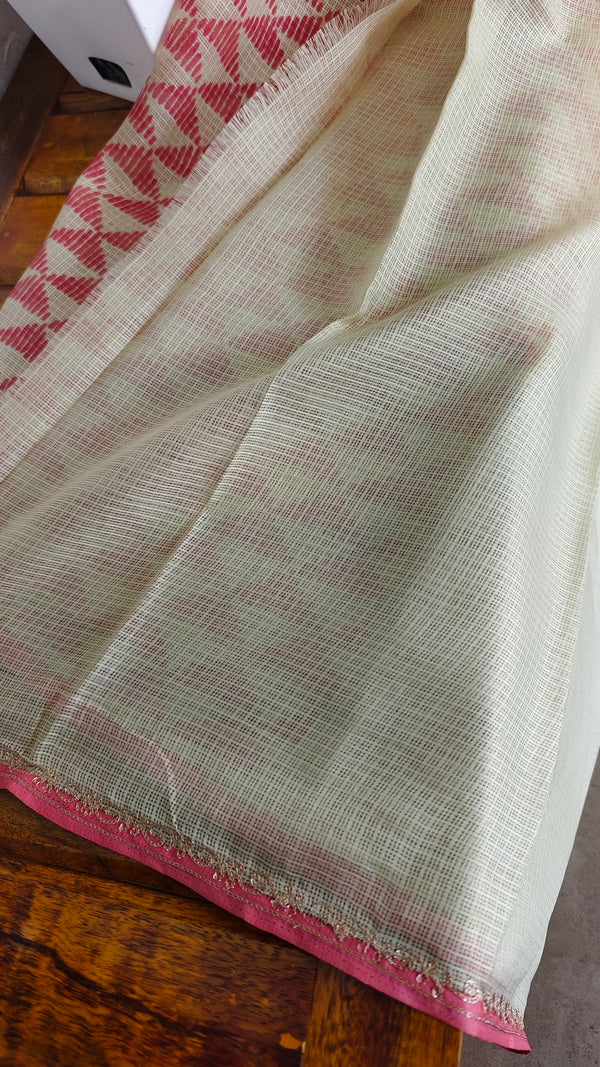 Beige and Pink Kota Saree with Pita Work - EMR4