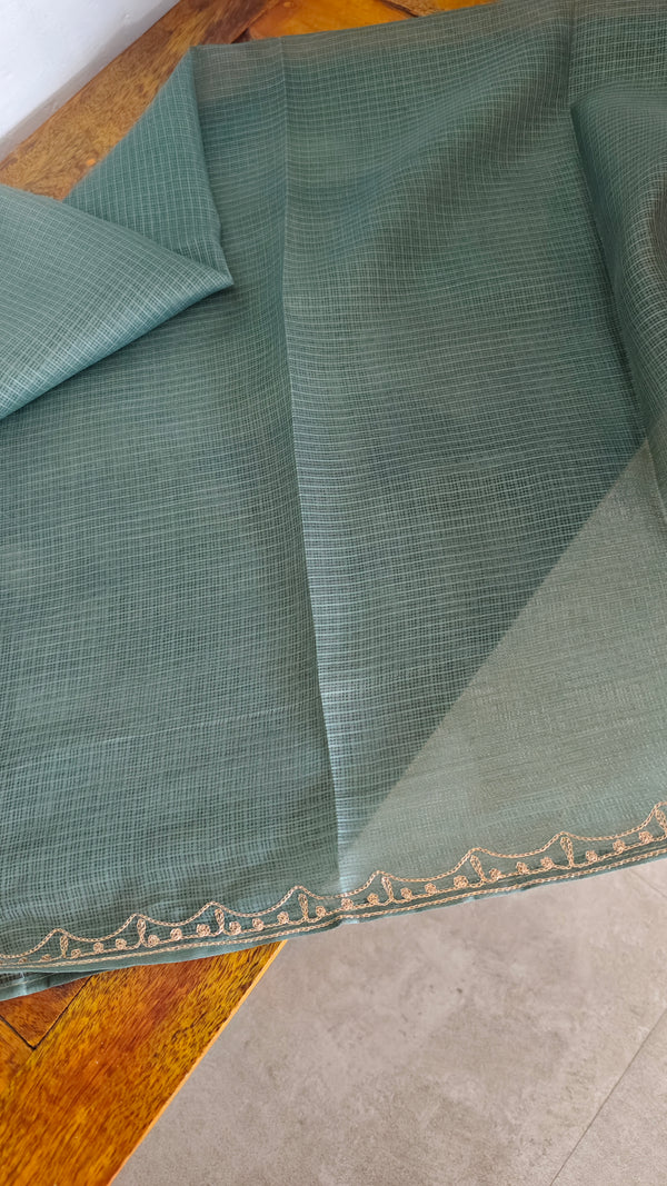 Light Pista Green Kota Saree with Pita Embroidery - EMR4