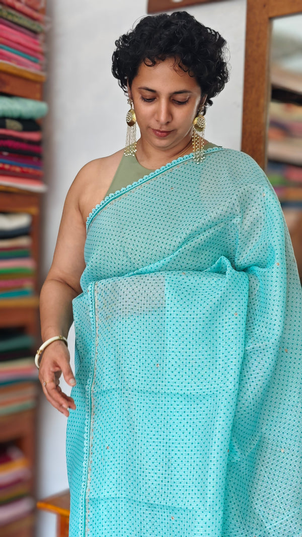 Cyan Blue Kota Saree with Pita Embroidery - EMR4