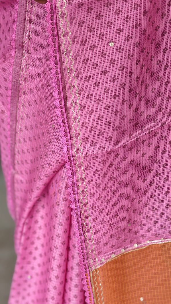 Lilac Printed Kota Saree with Pita Embroidery - EMR4
