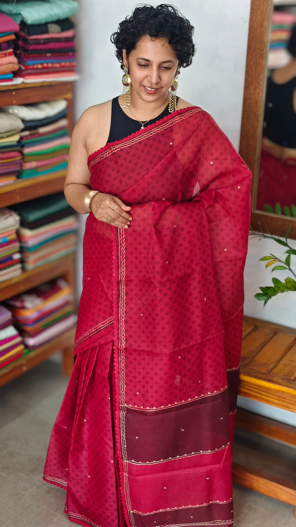 Blood Red Kota Saree with Pita Embroidery - EMR4 - 2