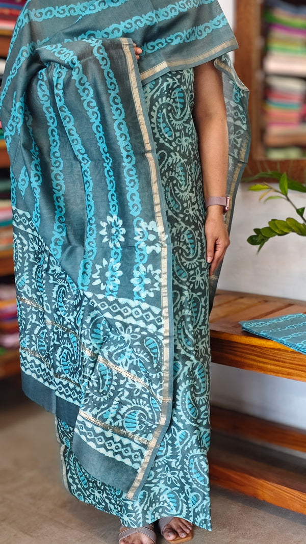 Teal and Grey Block Printed Chanderi Suit - MC059