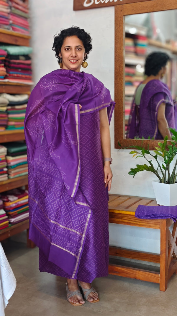 Deep Purple Block Printed Chanderi Suit - MC059