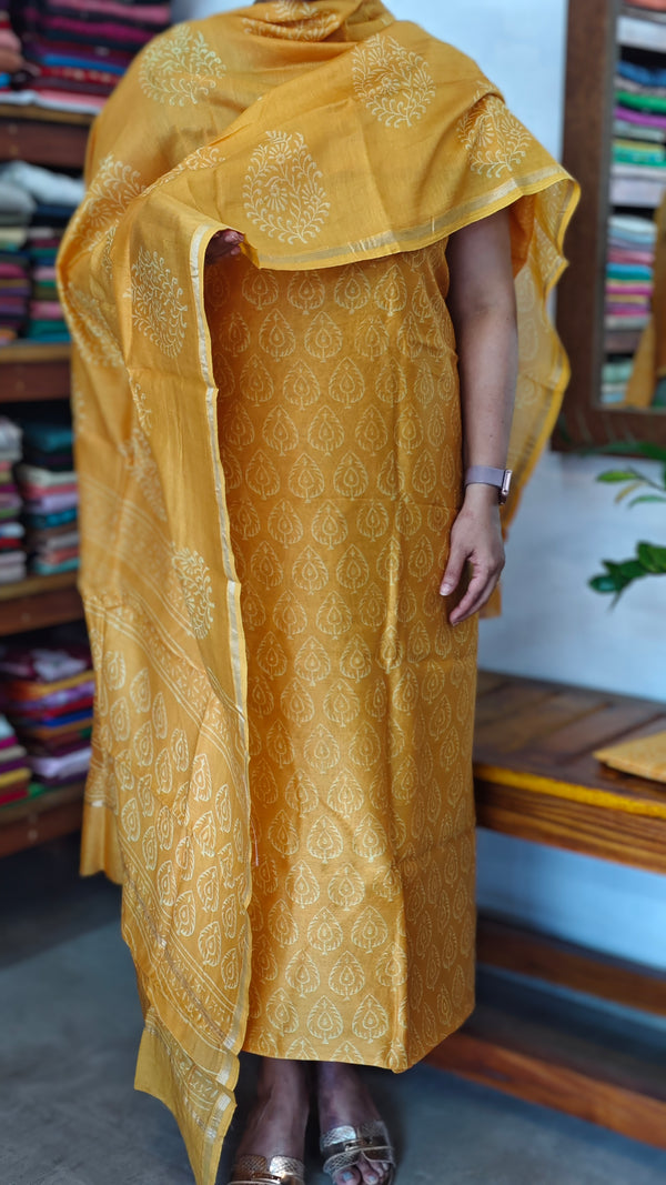 Mango Yellow Block Printed Chanderi silk Suit - MC059