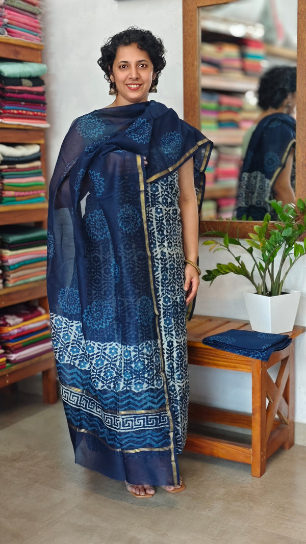 Indigo Block Printed Chanderi Silk Suit - MC059