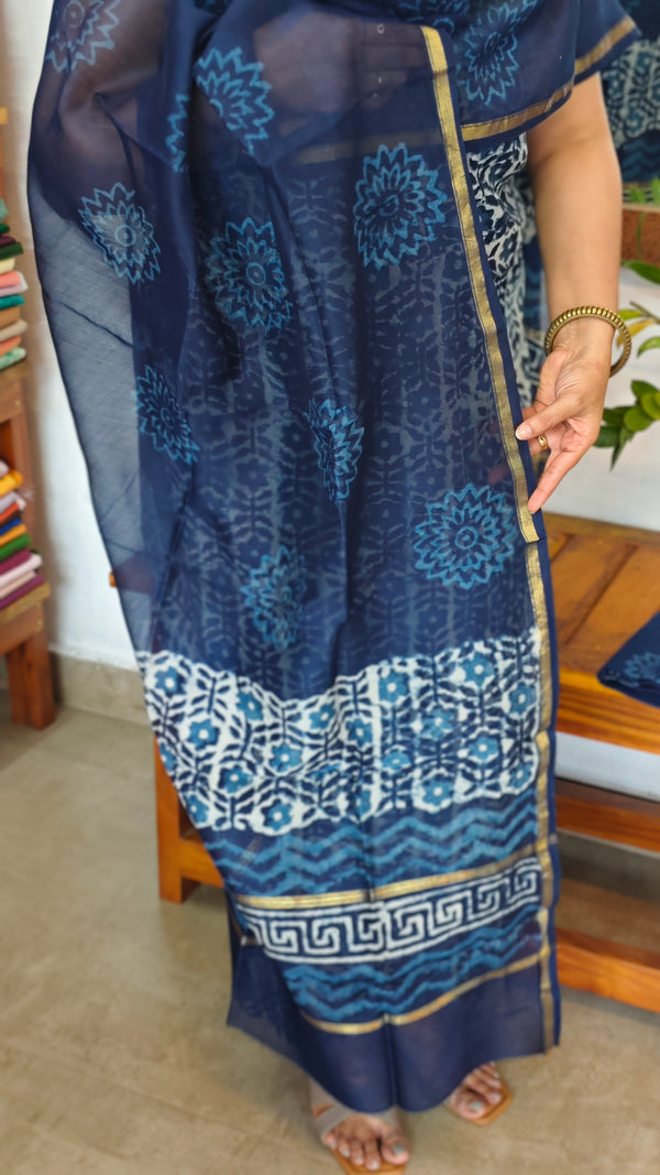 Indigo Block Printed Chanderi Silk Suit - MC059