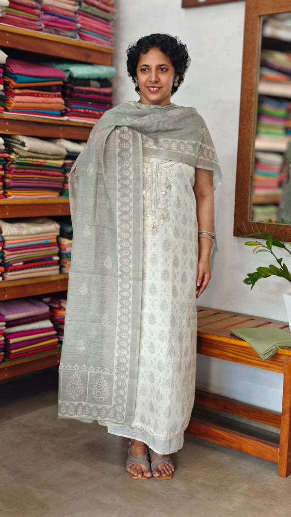 Cream and Sage Green Printed Linen Suit - S864 - 1