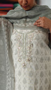 Cream and Sage Green Printed Linen Suit - S864 - 1