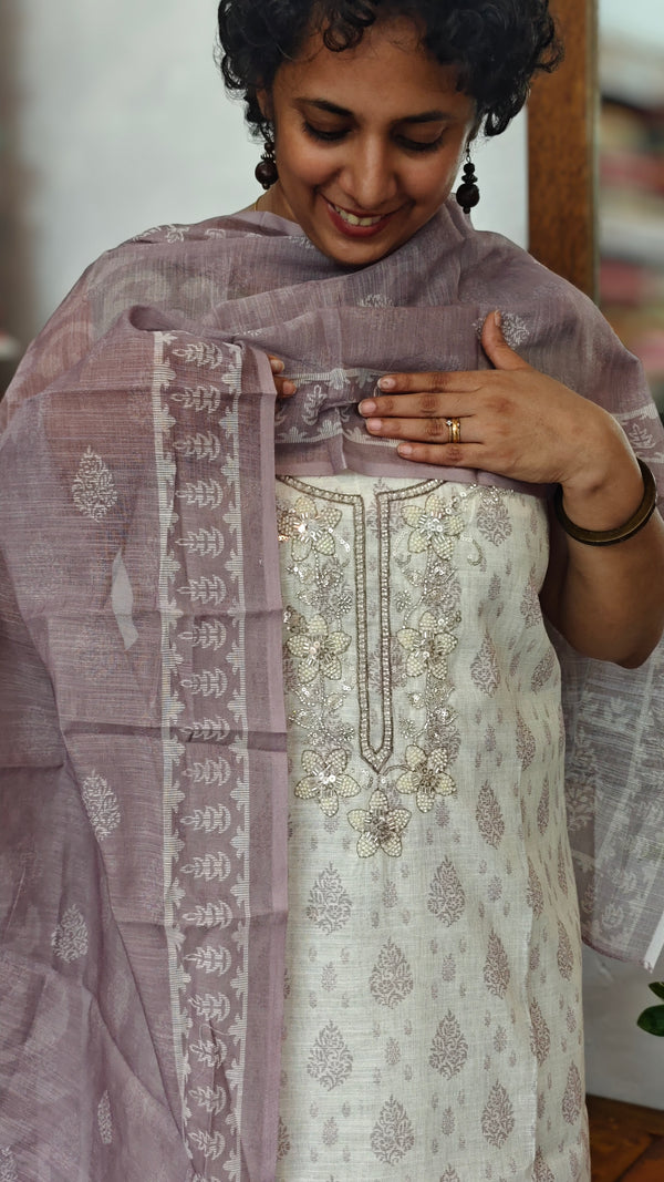 Cream and Mauve Printed Linen Suit - S864