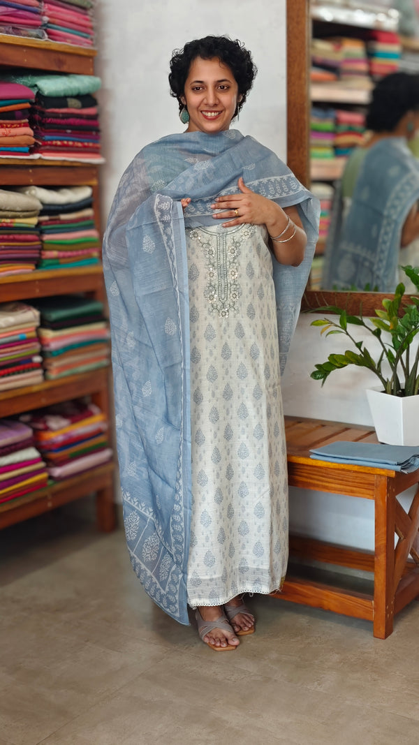 Cream and Bluish Grey Printed Linen Suit - S864 - 1