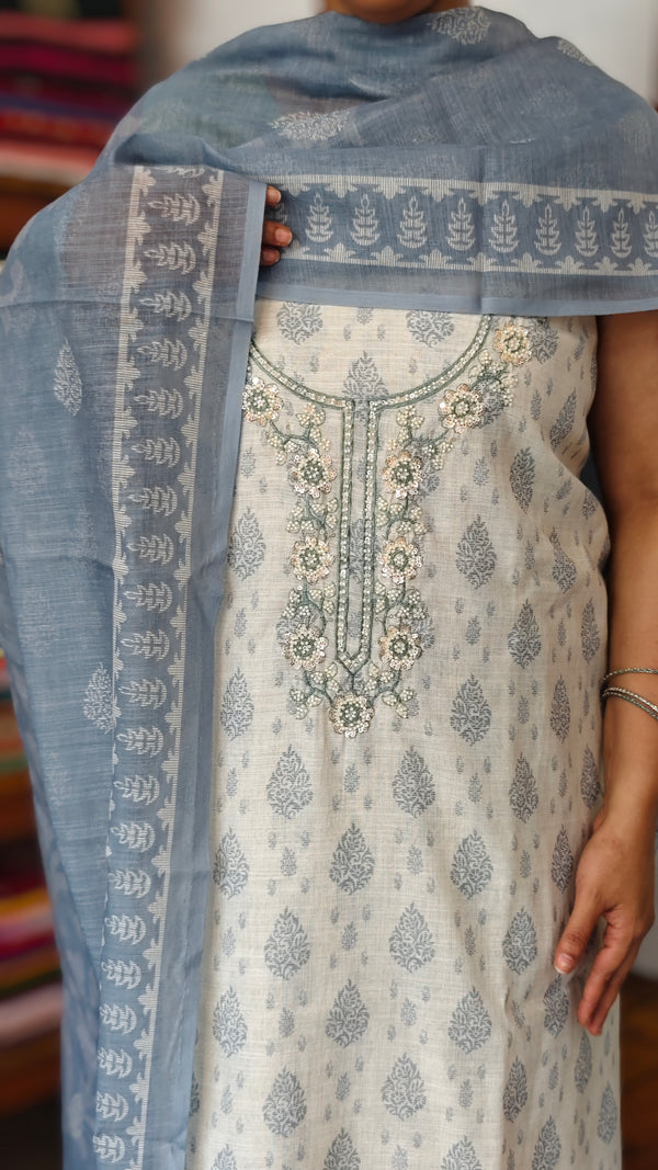 Cream and Bluish Grey Printed Linen Suit - S864 - 1