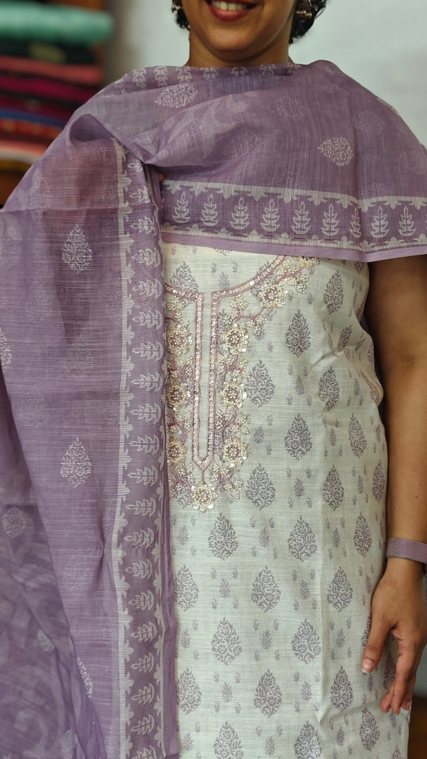 Cream and Lavender Printed Linen Suit - S864 - 1