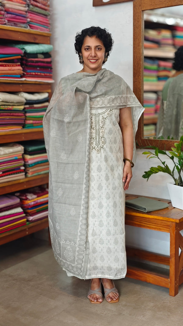 Cream and Sage Green Printed Linen Suit - S864 - 2