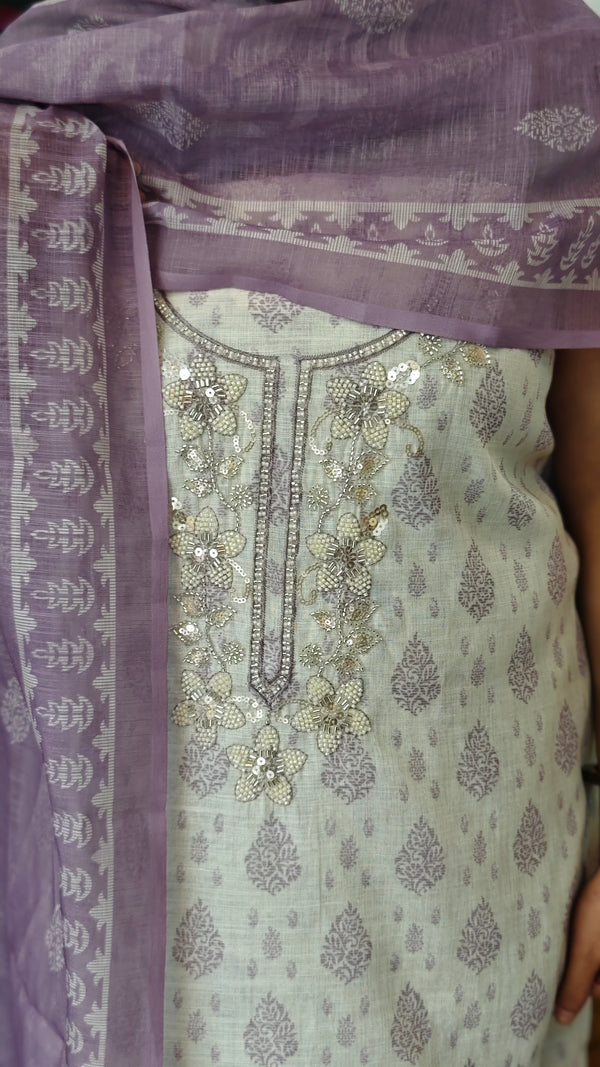 Cream and Lavender Printed Linen Suit - S864 - 2