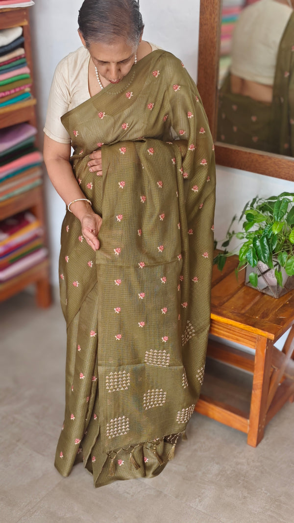 Olive Green Cross Stitch Embroidered Kota Saree - LWS3