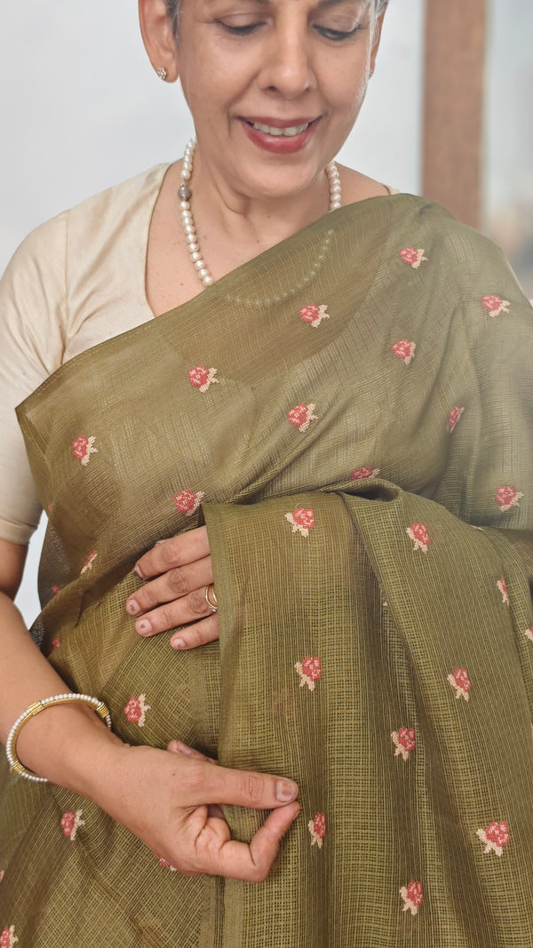 Olive Green Cross Stitch Embroidered Kota Saree - LWS3