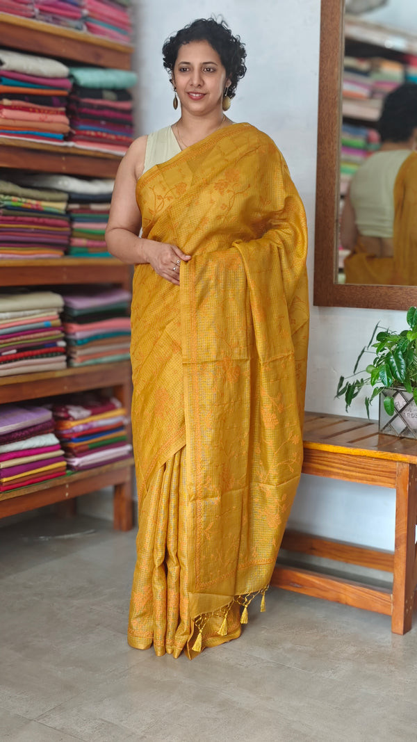 Mustard Yellow Kota Saree with Cross Stitch Embroidery - LWS3