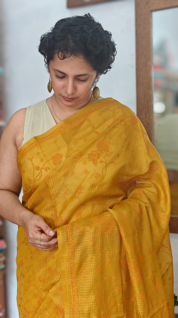 Mustard Yellow Kota Saree with Cross Stitch Embroidery - LWS3