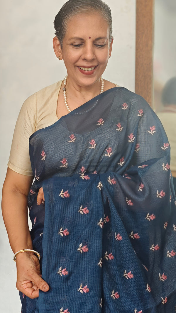 Navy Blue Cross Stitch Embroidered Kota Saree - LWS3
