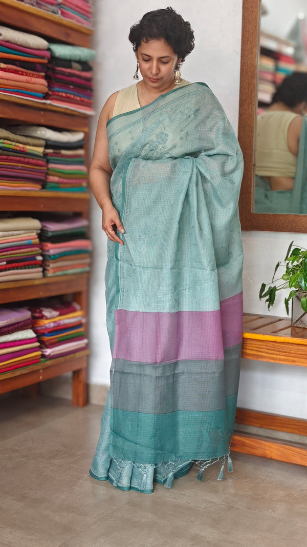 Teal Kota Saree with Cross Stitch Embroidery - LWS3